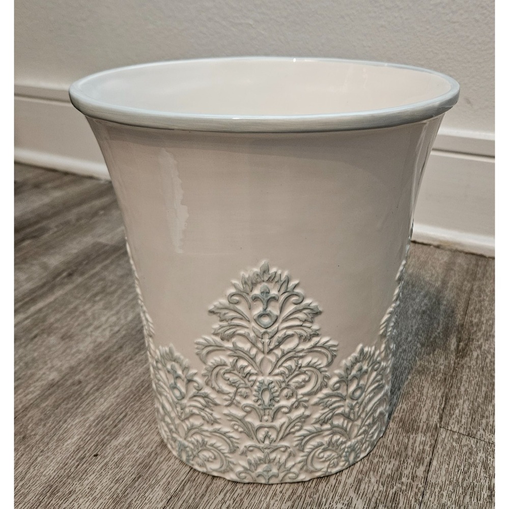 Ceramic Wastebasket 10" Oval Trash Can light gray aqua textured